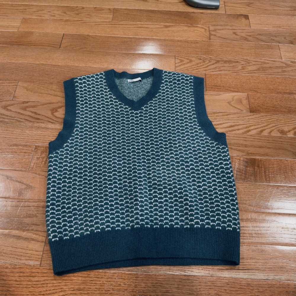 Zara Unisex Teal Green Geometric Knit Sweater Vest Wool Blend Size M Grandpaw